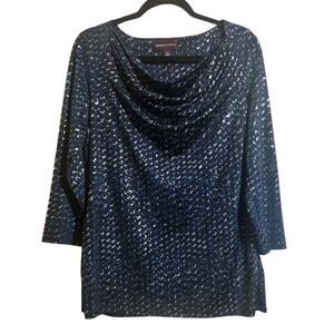 Dana Buchman Blouse Top Women's L Silver Black Blue Filigree Holiday Liquid Knit